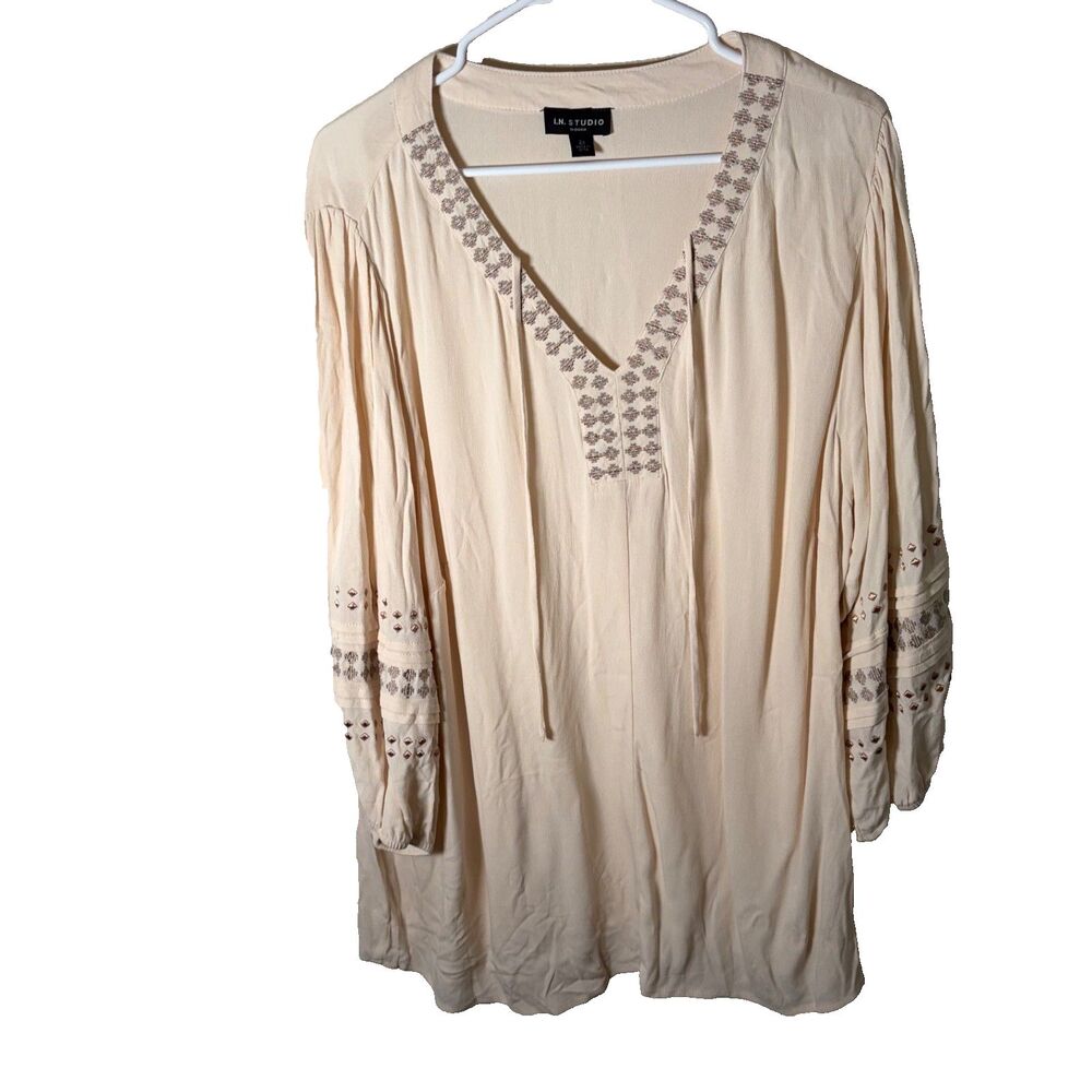 IN Studio Blouse Women's 2X Ivory 3/4 Sleeve Embroidered Tie Casual Shirt
